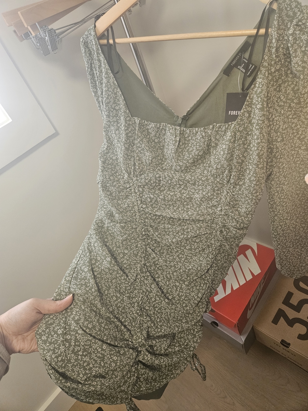 Forever 21 Olive Green Floral Ruched Mini Dress
